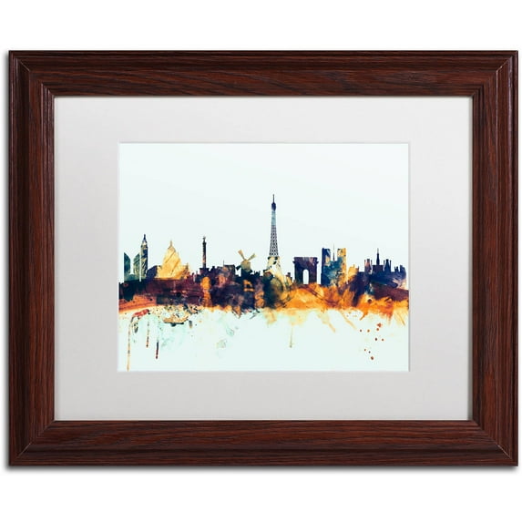 Trademark Fine Art "Paris France Skyline Blue" Canvas Art by Michael Tompsett, White Matte, Wood Frame