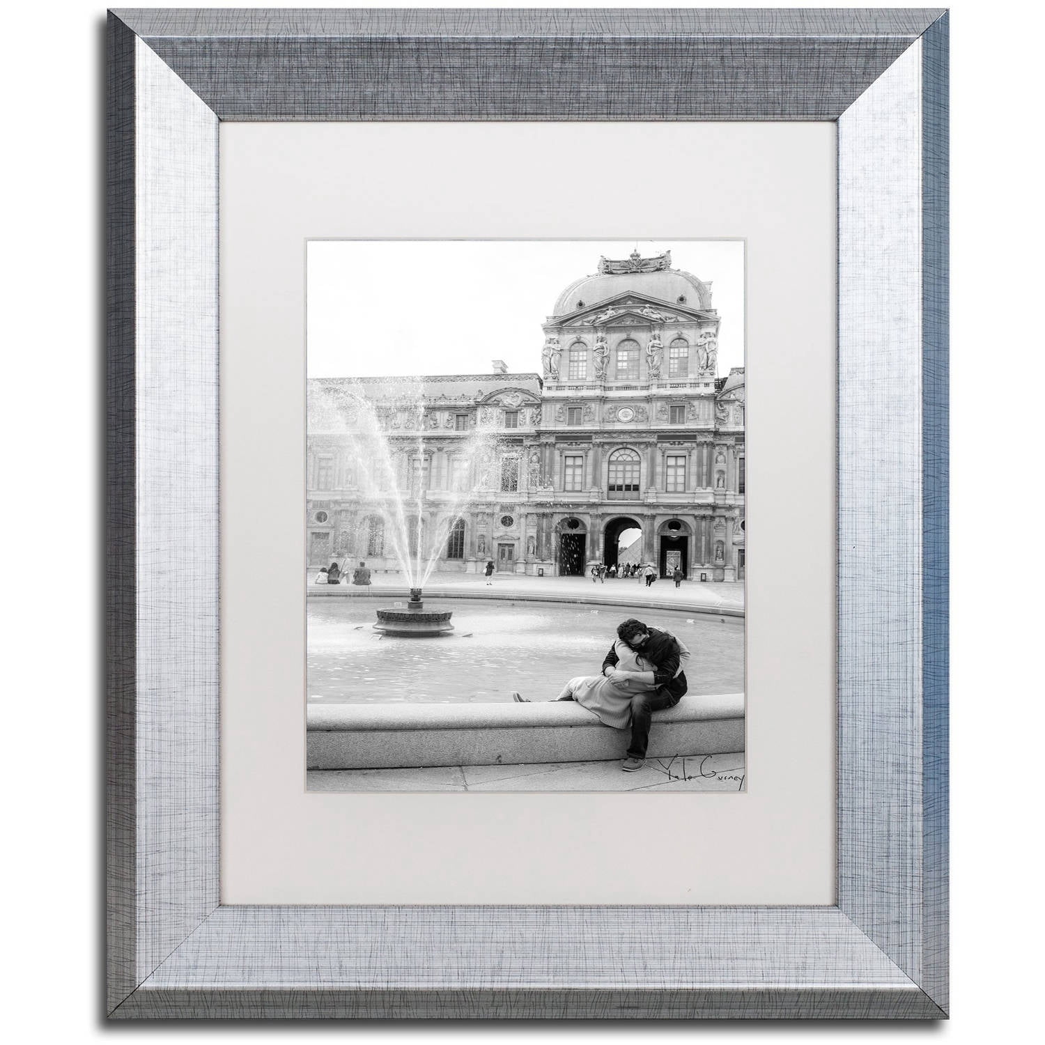 Trademark Fine Art "Paris Kiss" Canvas Art by Yale Gurney, White Matte, Silver Frame