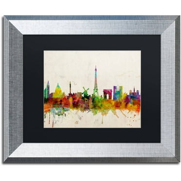 Trademark Fine Art "Paris Skyline" Canvas Art by Michael Tompsett Black Matte, Silver Frame