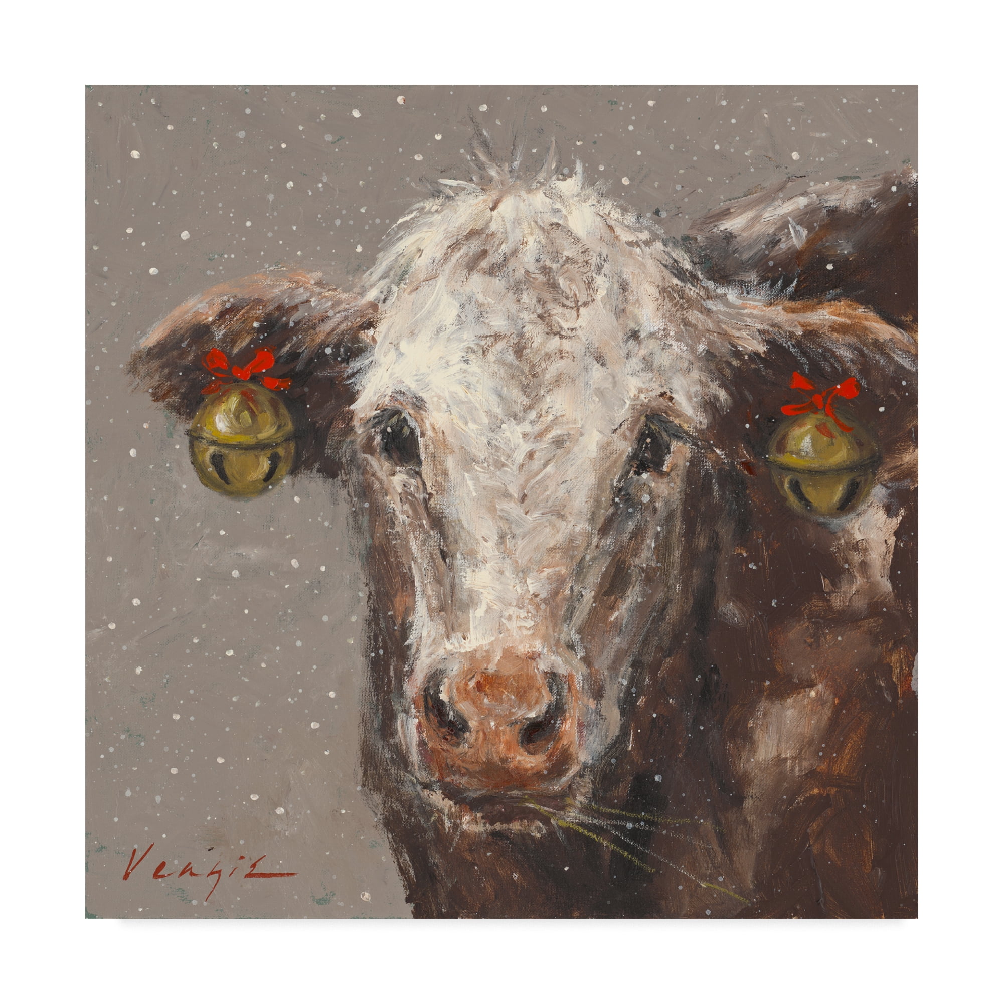 Patty The Brown Christmas Cow Canvas Art with Floater Frame