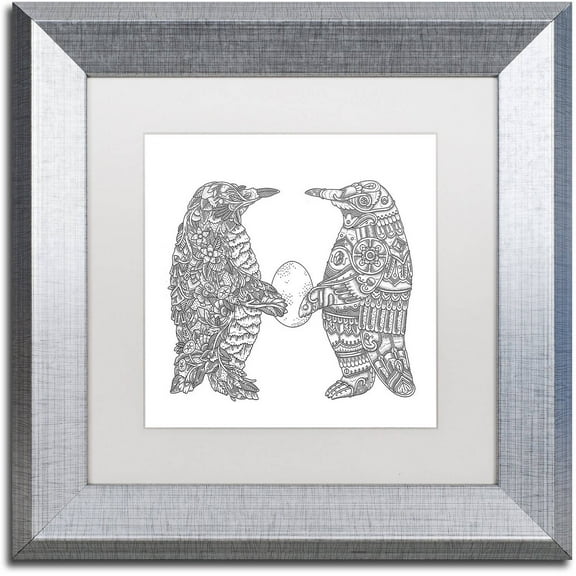 Trademark Fine Art "Penguin Lovers" Canvas Art by Filippo Cardu, White Matte, Silver Frame