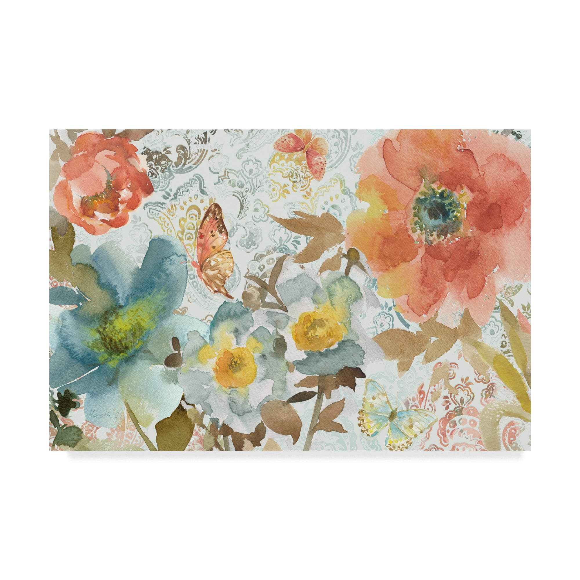 Large Multicolor Floral Canvas Art with Butterflies