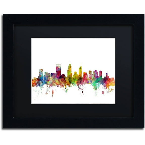 Trademark Fine Art "Perth Australia Skyline" Canvas Art by Michael Tompsett Black Matte, Black Frame