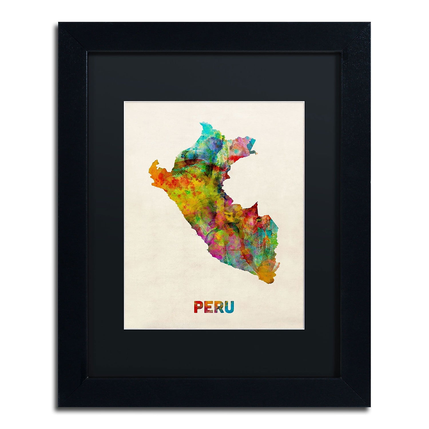 Trademark Fine Art "Peru Watercolor Map" Canvas Art by Michael Tompsett, Black Matte, Black Frame