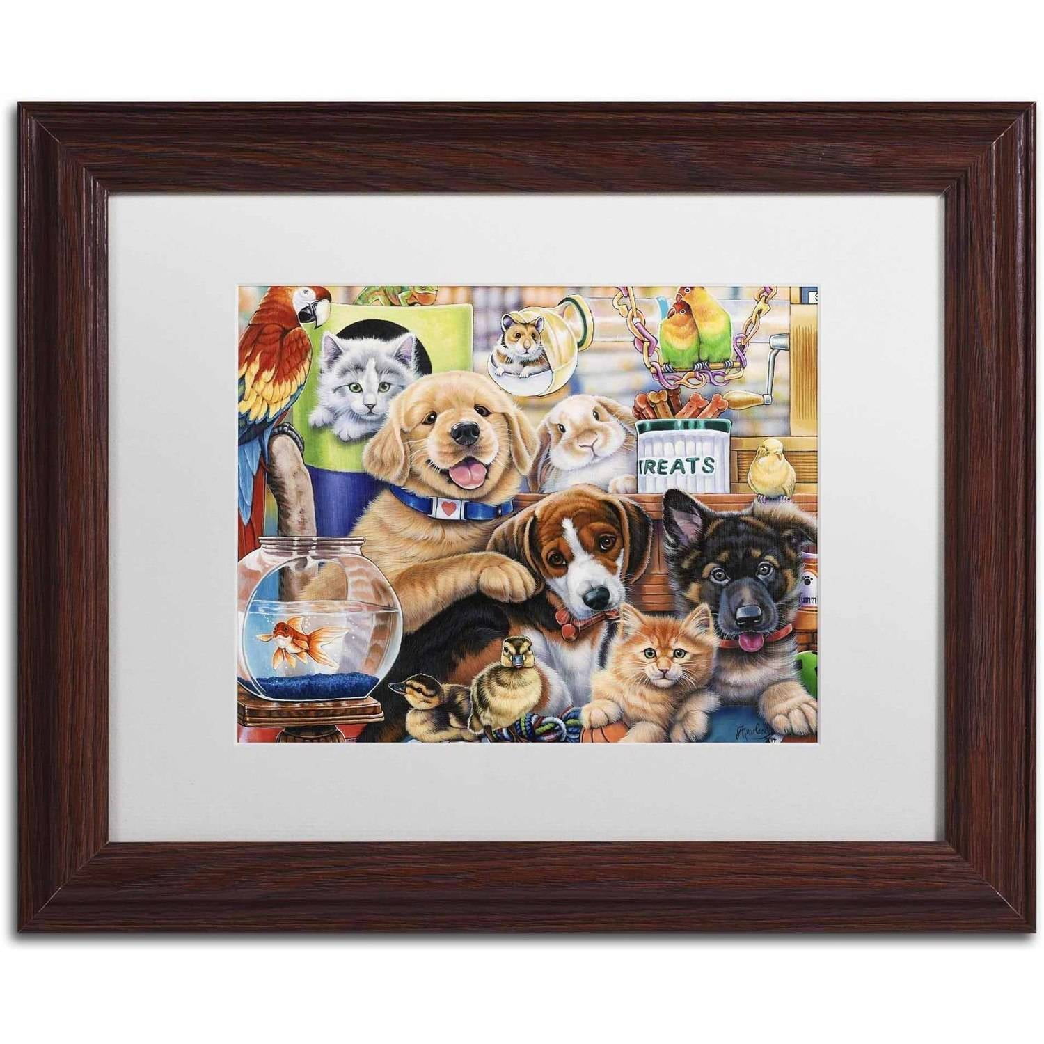 Trademark Fine Art 'Pet Shop' Canvas Art by Jenny Newland, White Matte, Wood Frame