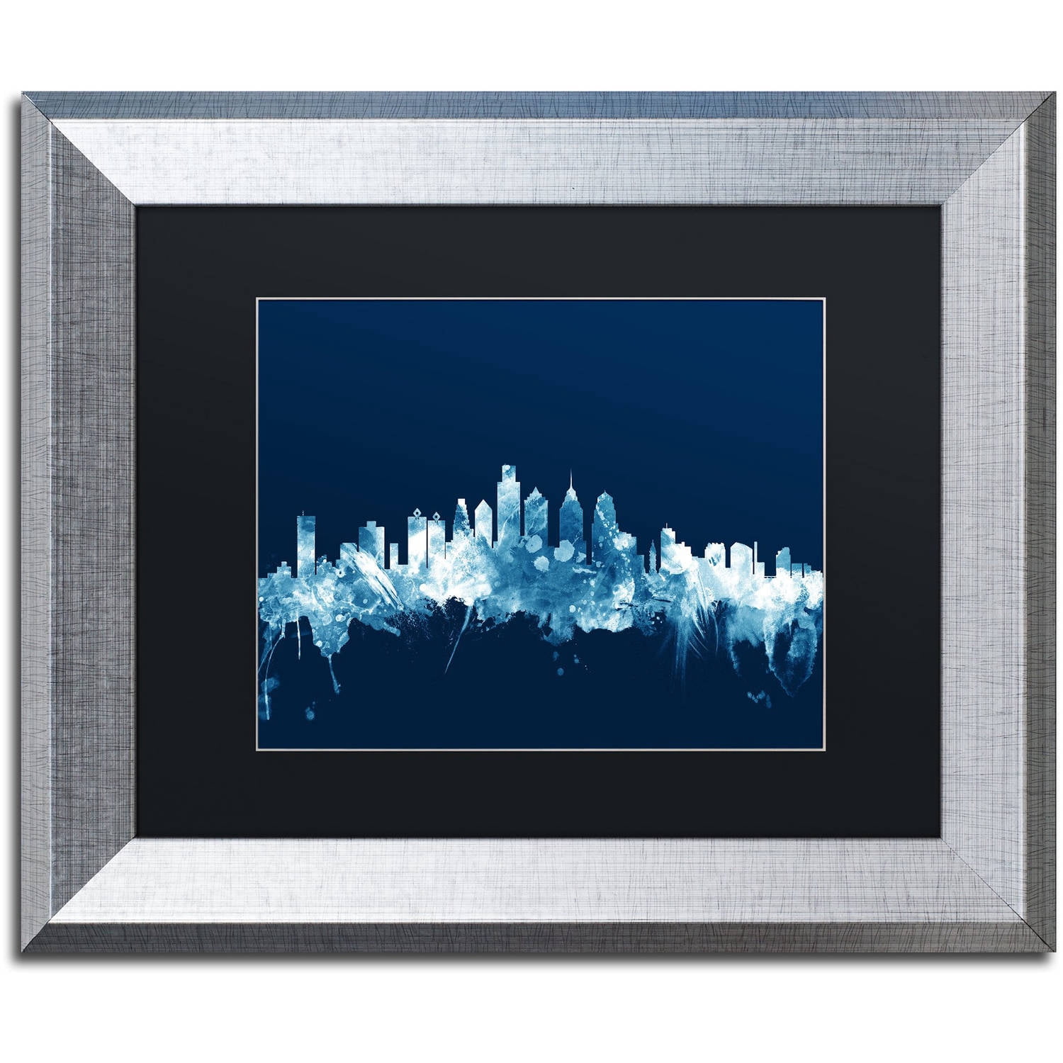 Trademark Fine Art "Philadelphia PA Skyline Navy" Canvas Art by Michael Tompsett, Black Matte, Silver Frame