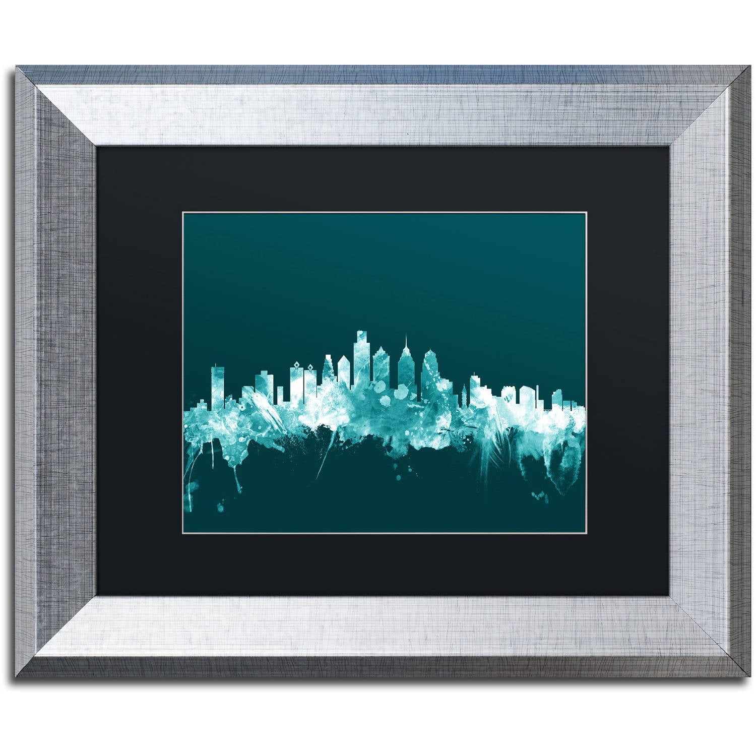 Trademark Fine Art "Philadelphia PA Skyline Teal" Canvas Art by Michael Tompsett, Black Matte, Silver Frame