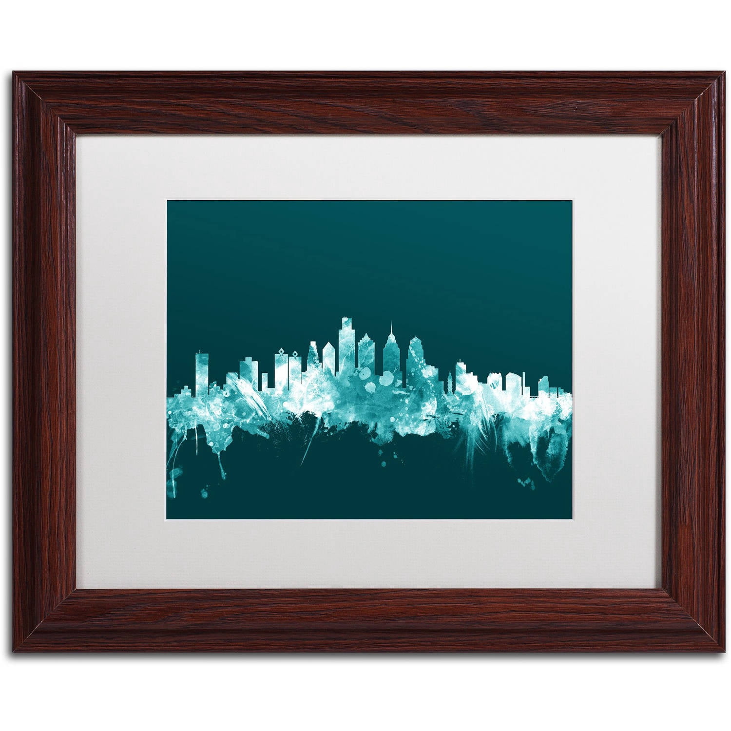 Trademark Fine Art "Philadelphia PA Skyline Teal" Canvas Art by Michael Tompsett, White Matte, Wood Frame