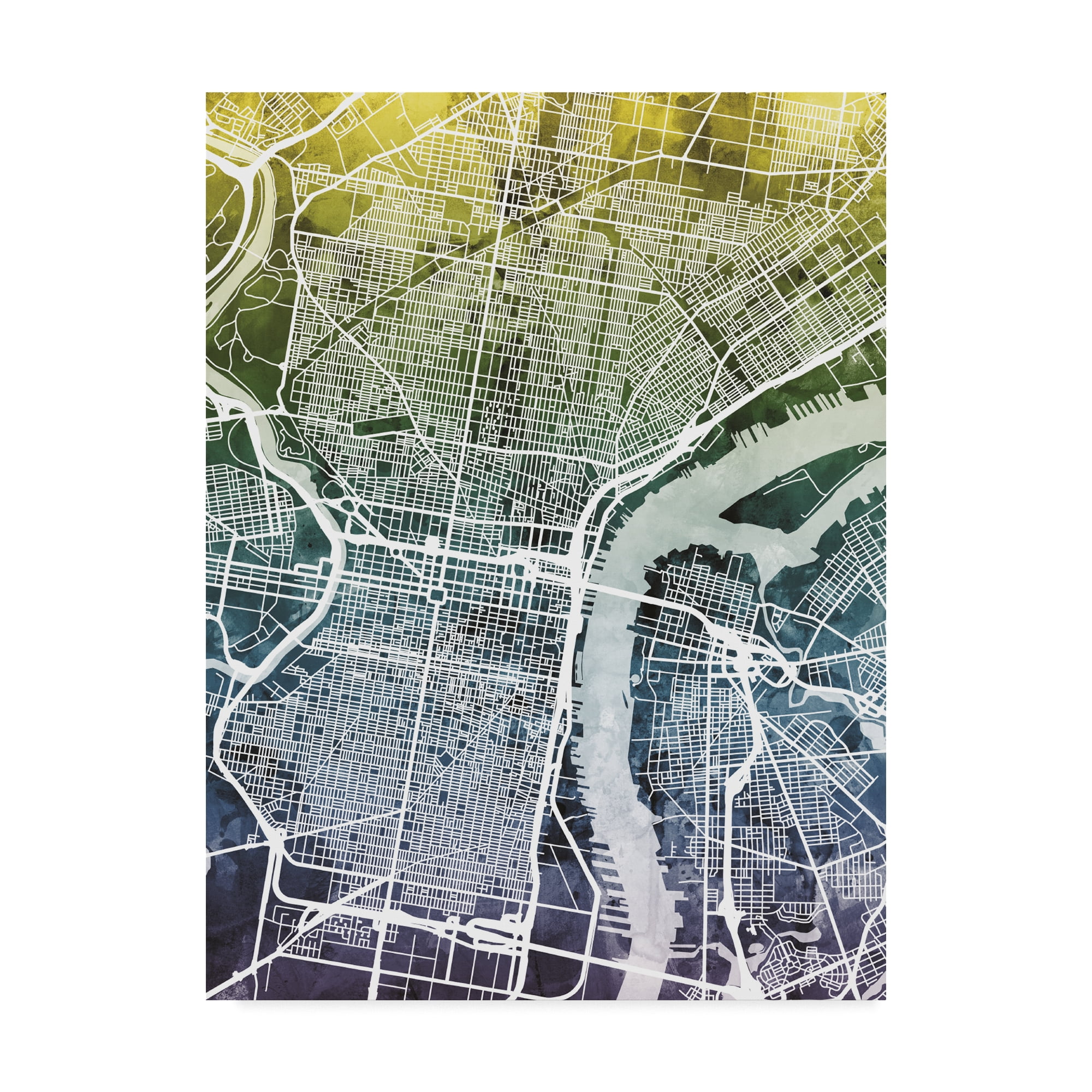 Trademark Fine Art 'Philadelphia Pennsylvania City Street Map Blue Yellow' Canvas Art by Michael Tompsett
