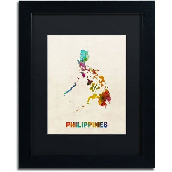 Trademark Fine Art "Philippines Watercolor Map" Canvas Art by Michael Tompsett, Black Matte, Black Frame