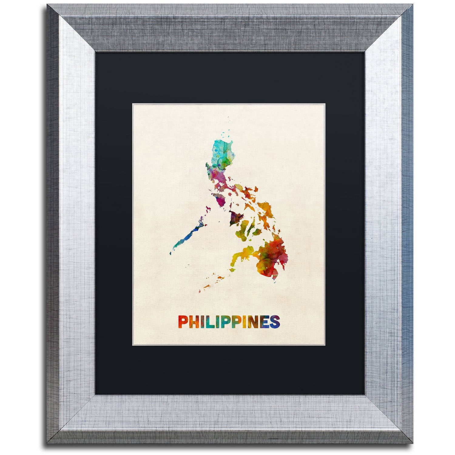 Trademark Fine Art "Philippines Watercolor Map" Canvas Art by Michael Tompsett, Black Matte, Silver Frame