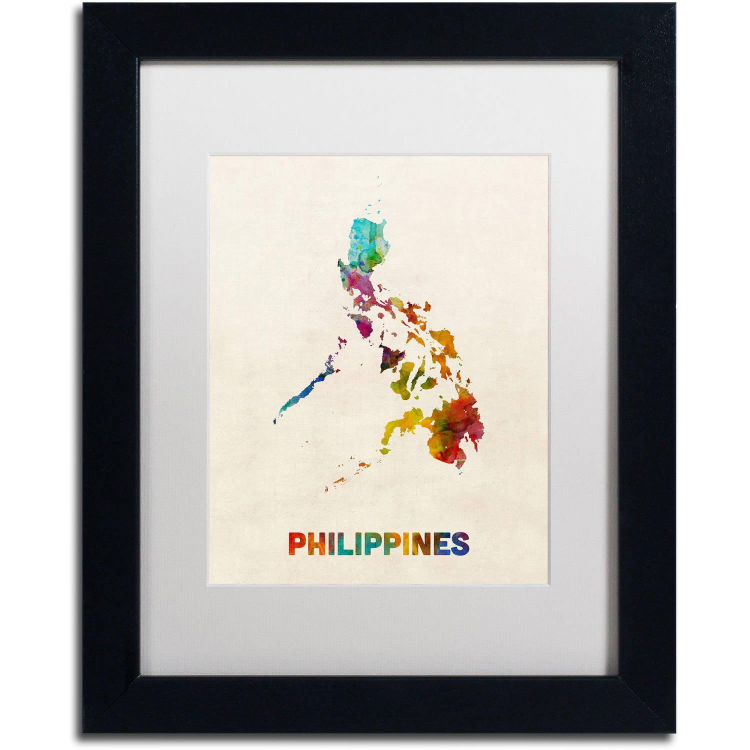 Trademark Fine Art "Philippines Watercolor Map" Canvas Art by Michael Tompsett, White Matte, Black Frame