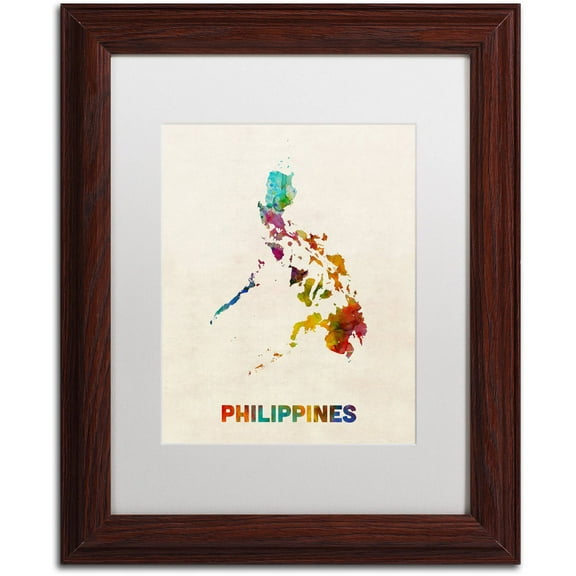 Trademark Fine Art "Philippines Watercolor Map" Canvas Art by Michael Tompsett, White Matte, Wood Frame
