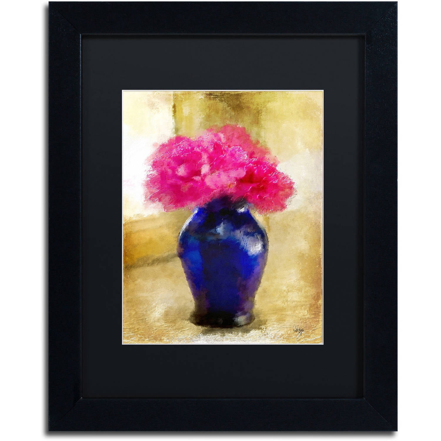 Trademark Fine Art "Pink Carnations in Cobalt Blue Vase" Canvas Art by Lois Bryan Black Matte, Black Frame