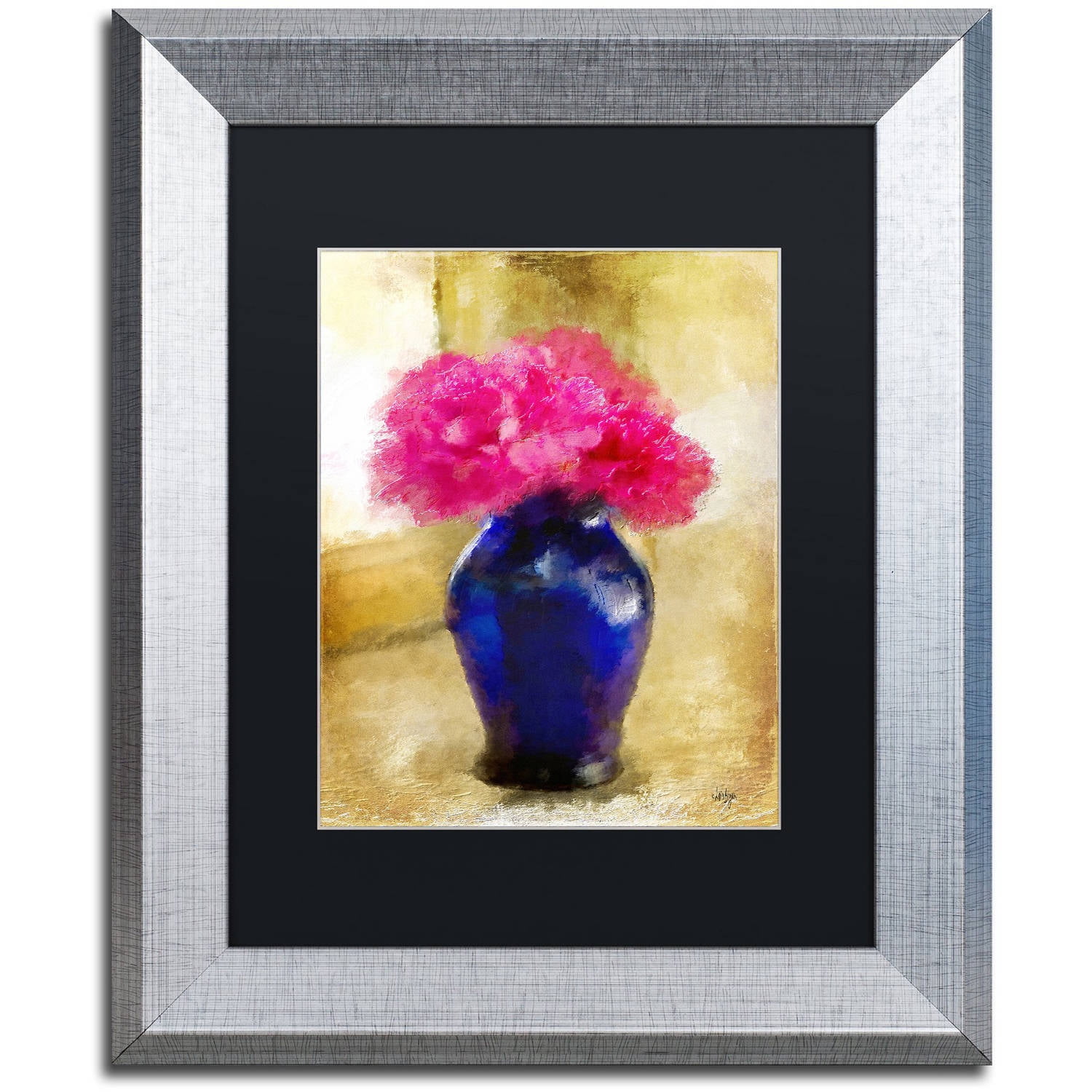 Trademark Fine Art "Pink Carnations in Cobalt Blue Vase" Canvas Art by Lois Bryan Black Matte, Silver Frame