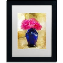 Trademark Fine Art "Pink Carnations in Cobalt Blue Vase" Canvas Art by Lois Bryan White Matte, Black Frame