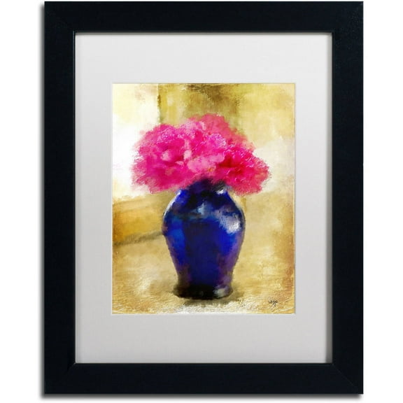 Trademark Fine Art "Pink Carnations in Cobalt Blue Vase" Canvas Art by Lois Bryan White Matte, Black Frame