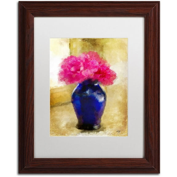 Trademark Fine Art "Pink Carnations in Cobalt Blue Vase" Canvas Art by Lois Bryan White Matte, Wood Frame