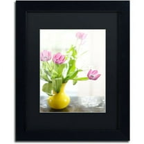 Trademark Fine Art "Pink Tulips in Yellow Vase" Canvas Art by Lois Bryan, Black Mat, Black Frame