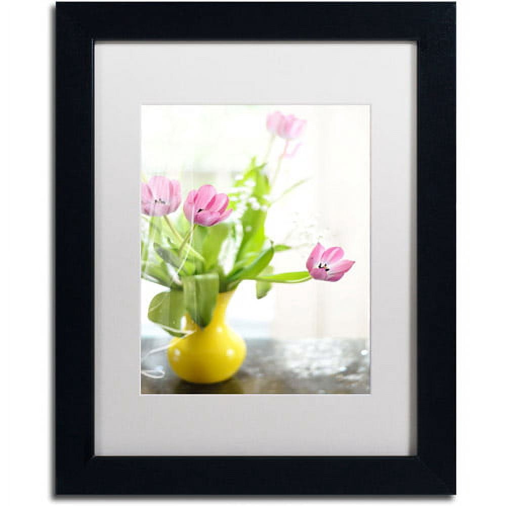 Trademark Fine Art "Pink Tulips in Yellow Vase" Canvas Art by Lois Bryan, White Mat, Black Frame