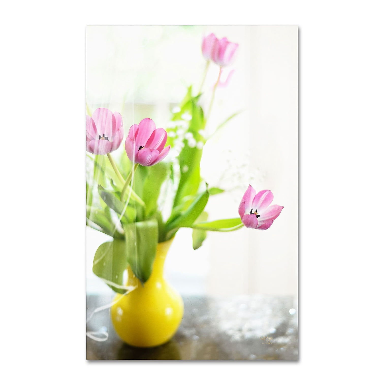 Trademark Fine Art "Pink Tulips in Yellow Vase" Canvas Art by Lois Bryan