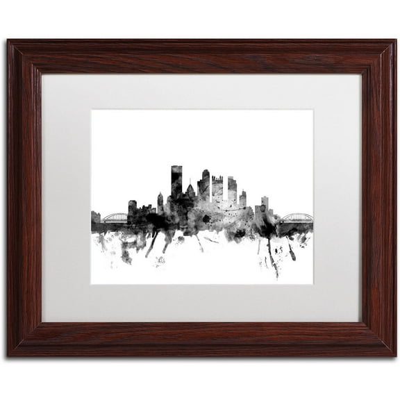 Trademark Fine Art "Pittsburgh PA Skyline B&W" Canvas Art by Michael Tompsett, White Matte, Wood Frame