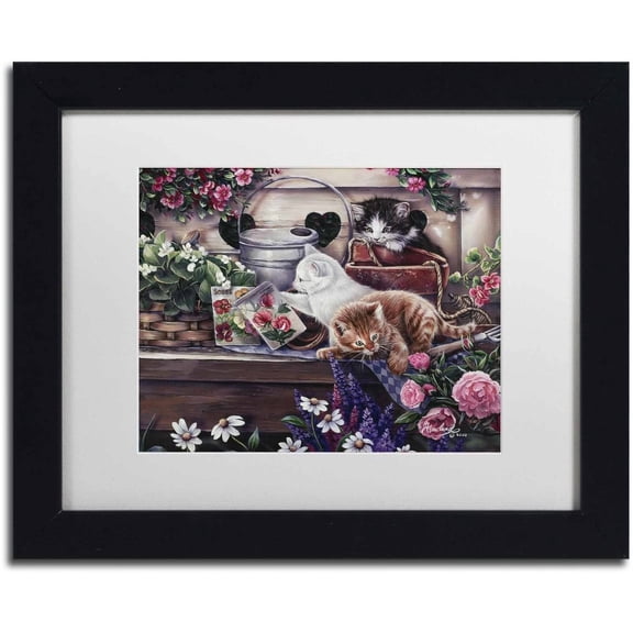 Trademark Fine Art 'Playful Kittens' Canvas Art by Jenny Newland, White Matte, Black Frame