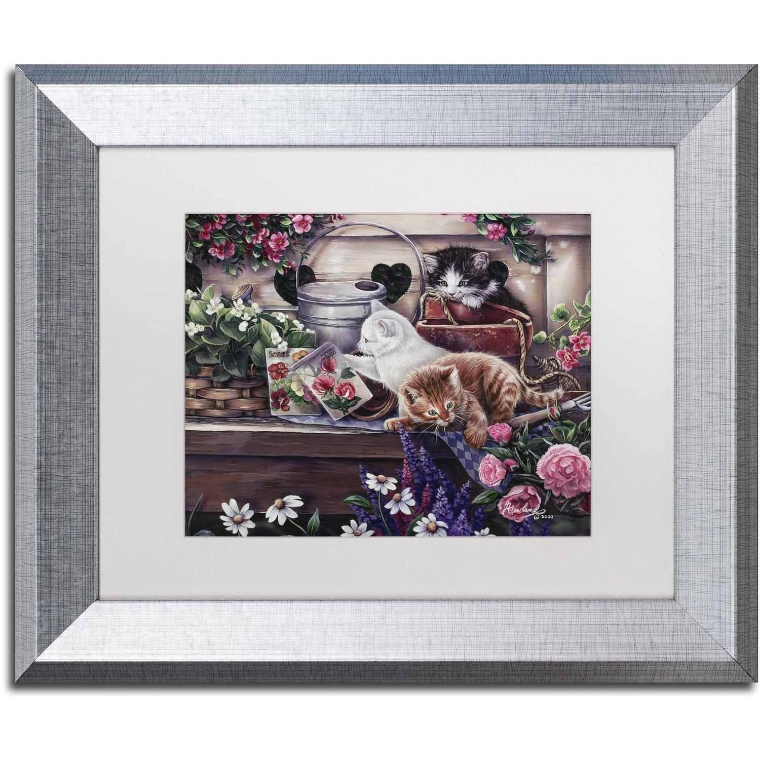 Trademark Fine Art 'Playful Kittens' Canvas Art by Jenny Newland, White Matte, Silver Frame