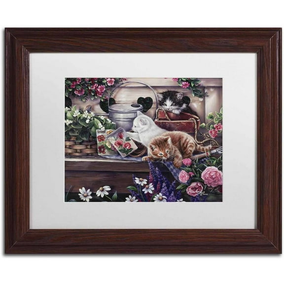Trademark Fine Art 'Playful Kittens' Canvas Art by Jenny Newland, White Matte, Wood Frame