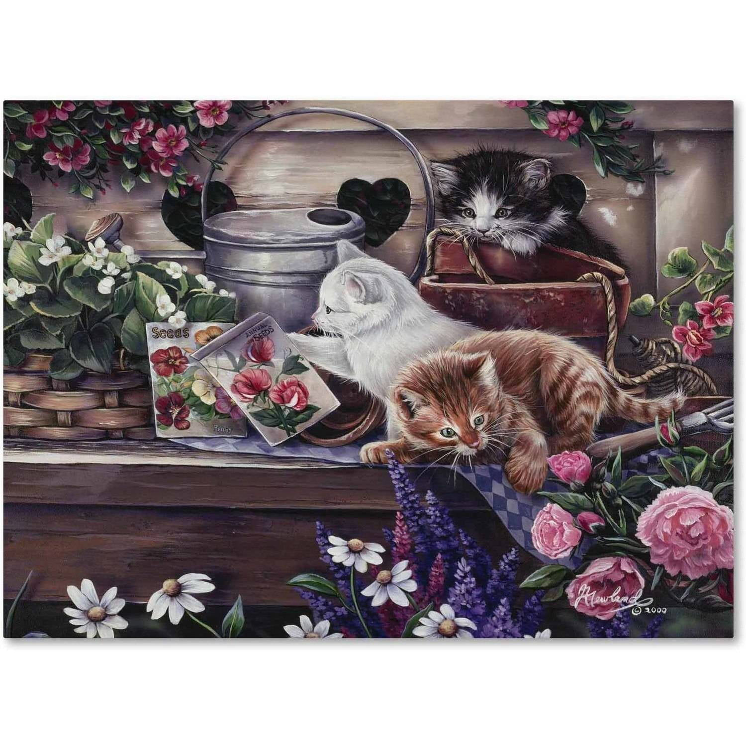 Playful Kittens Gallery-Wrapped Canvas Art with Floral Background