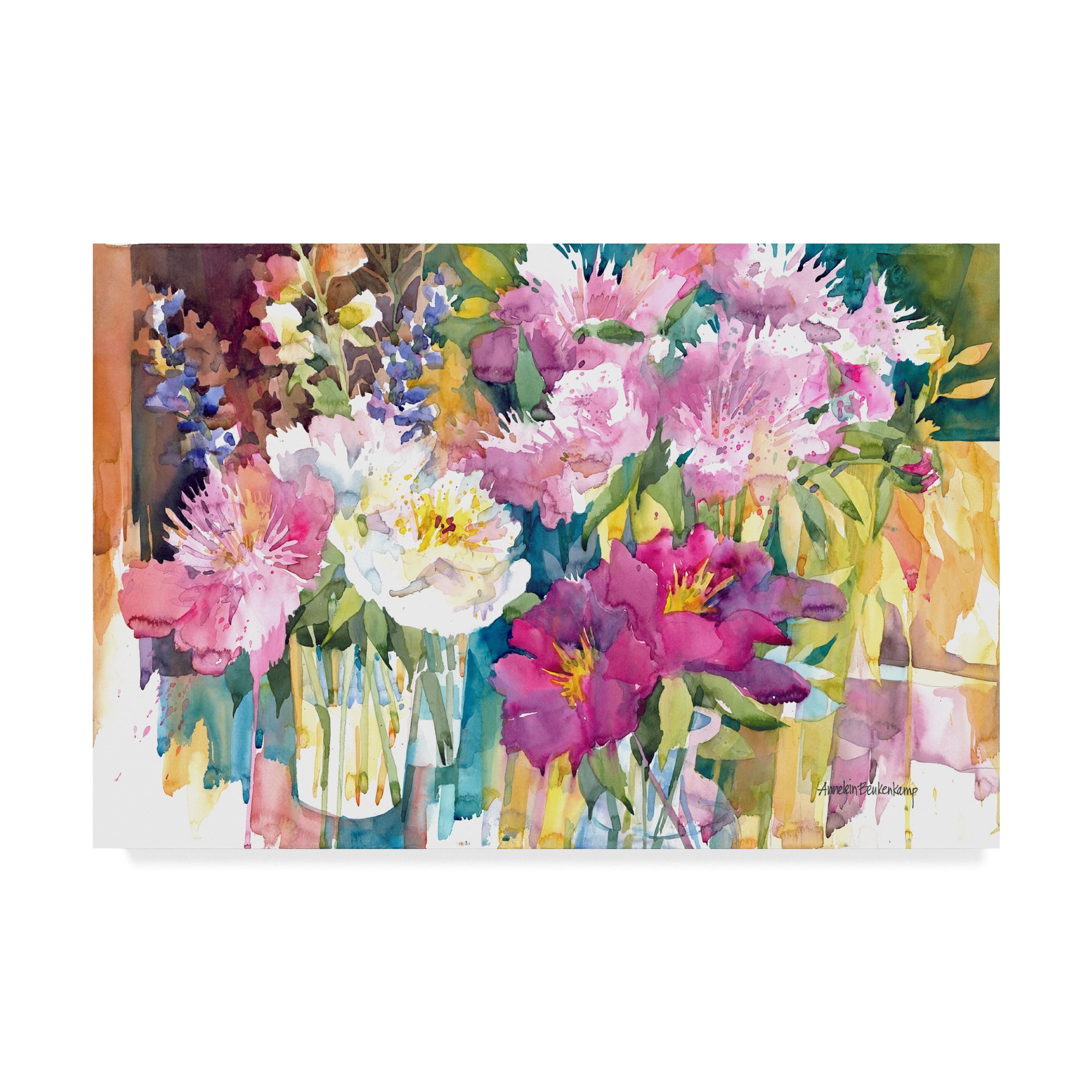 Vibrant Floral Watercolor Canvas Art in Pink and White, 16" x 24"