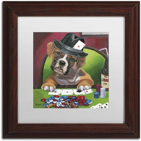 Trademark Fine Art 'Poker Dogs 2' Canvas Art by Jenny Newland, White Matte, Wood Frame