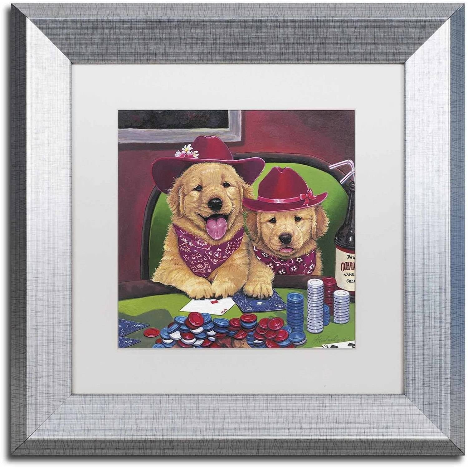 Trademark Fine Art 'Poker Dogs' Canvas Art by Jenny Newland, White Matte, Silver Frame