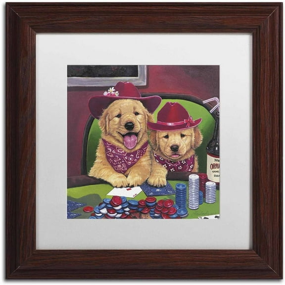 Trademark Fine Art 'Poker Dogs' Canvas Art by Jenny Newland, White Matte, Wood Frame