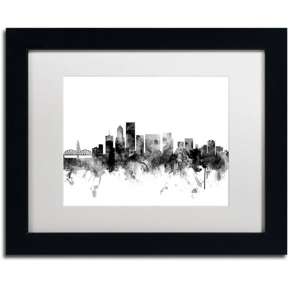 Trademark Fine Art "Portland Oregon Skyline B&W" Canvas Art by Michael Tompsett, White Matte, Black Frame