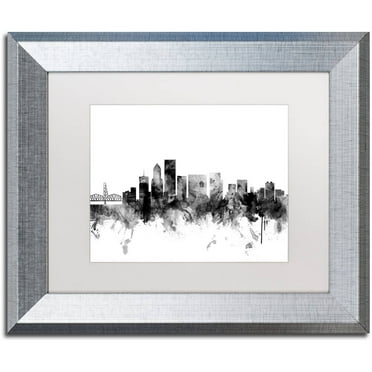 Trademark Fine Art "Portland Oregon Skyline B&W" Canvas Art by Michael Tompsett, White Matte, Silver Frame