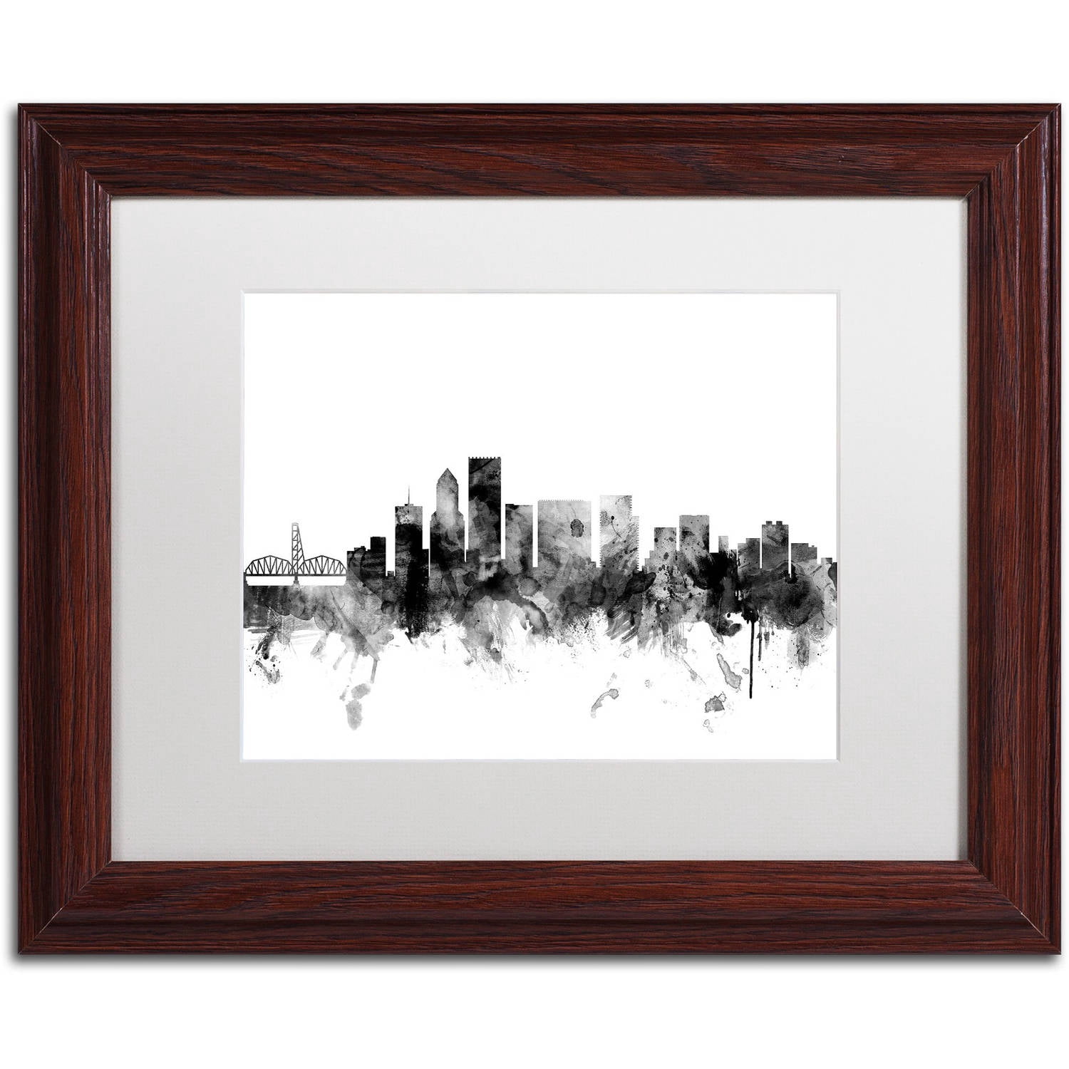 Trademark Fine Art "Portland Oregon Skyline B&W" Canvas Art by Michael Tompsett, White Matte, Wood Frame
