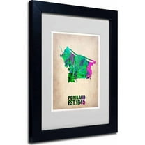 Trademark Fine Art "Portland Watercolor Map" Matted Framed Art by Naxart, Black Frame