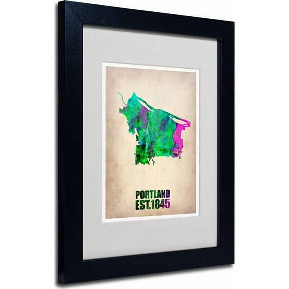 Trademark Fine Art "Portland Watercolor Map" Matted Framed Art by Naxart, Black Frame