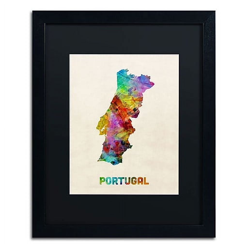 Trademark Fine Art "Portugal Watercolor Map" Canvas Art by Michael Tompsett, Black Matte, Black Frame