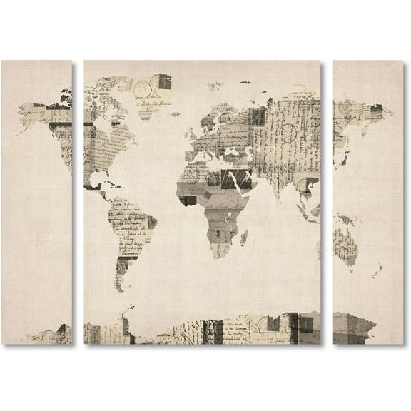 Trademark Fine Art "Postcard World Map" Canvas Art by Michael Tompsett Three Panel Set