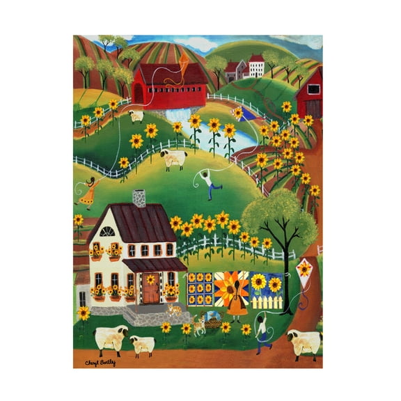 Trademark Fine Art Cheryl Bartley Primitive Quilt Maker House Sunflower Sheep Canvas Wall Art - 14x19