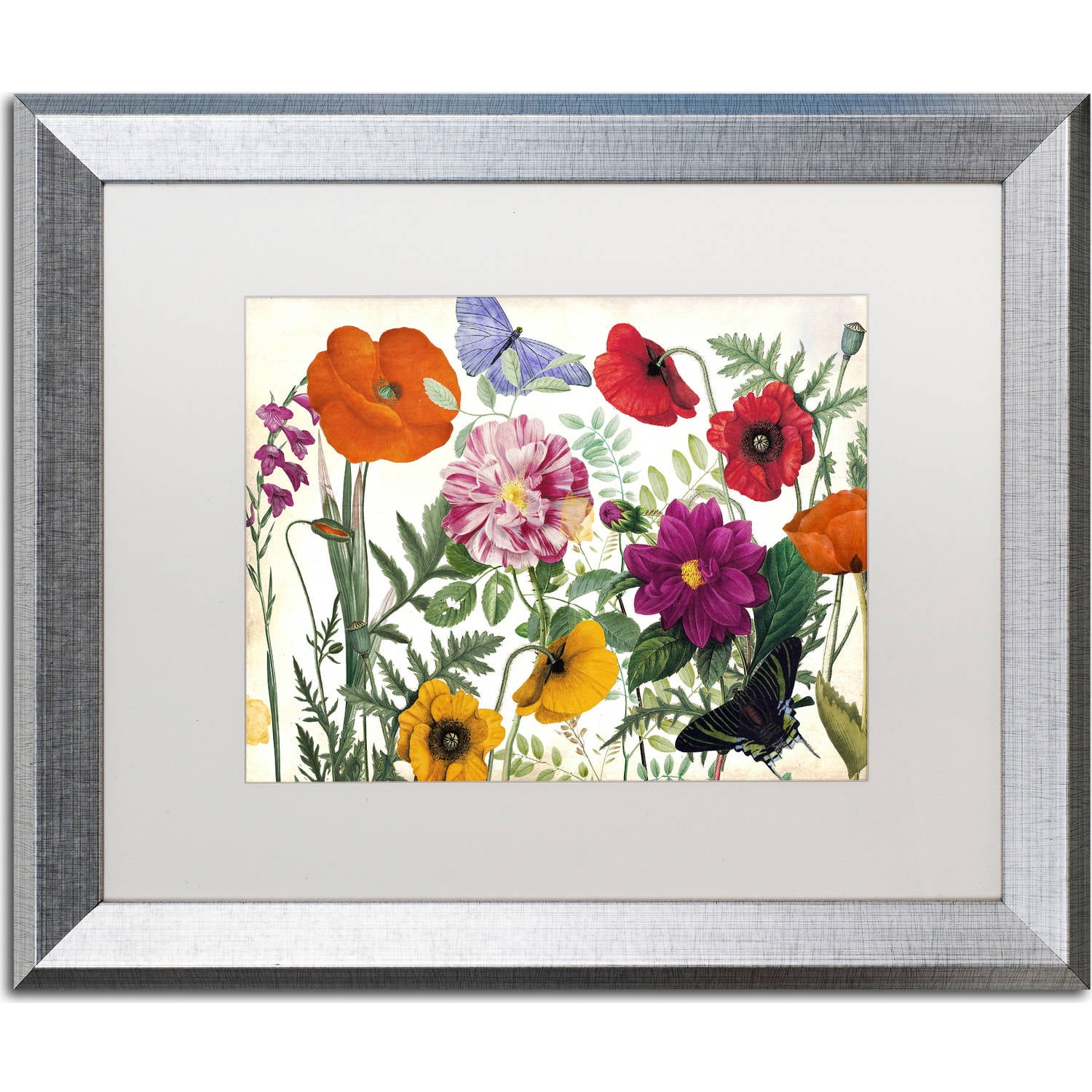 Colorful Floral and Butterfly Acrylic Canvas Print with Silver Frame