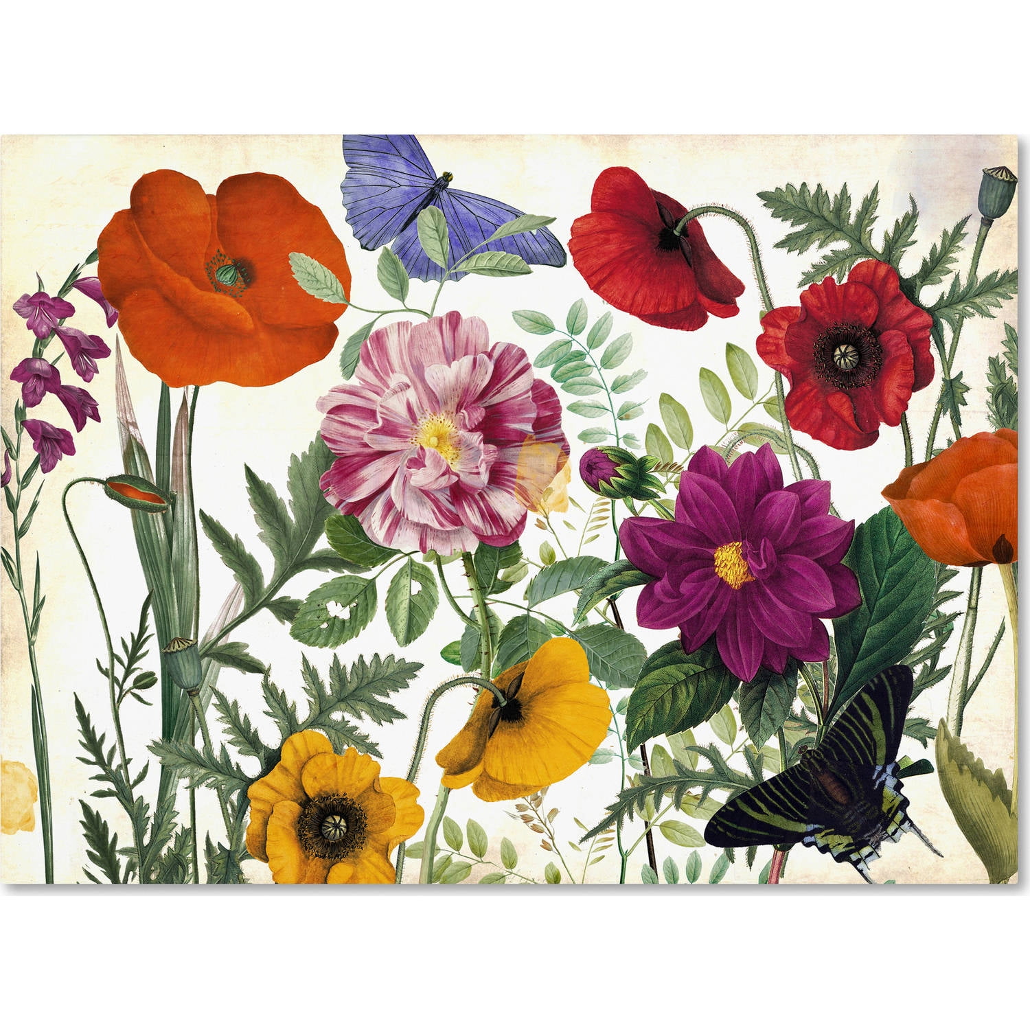 Colorful Floral and Butterfly Framed Canvas Art 24" x 18"