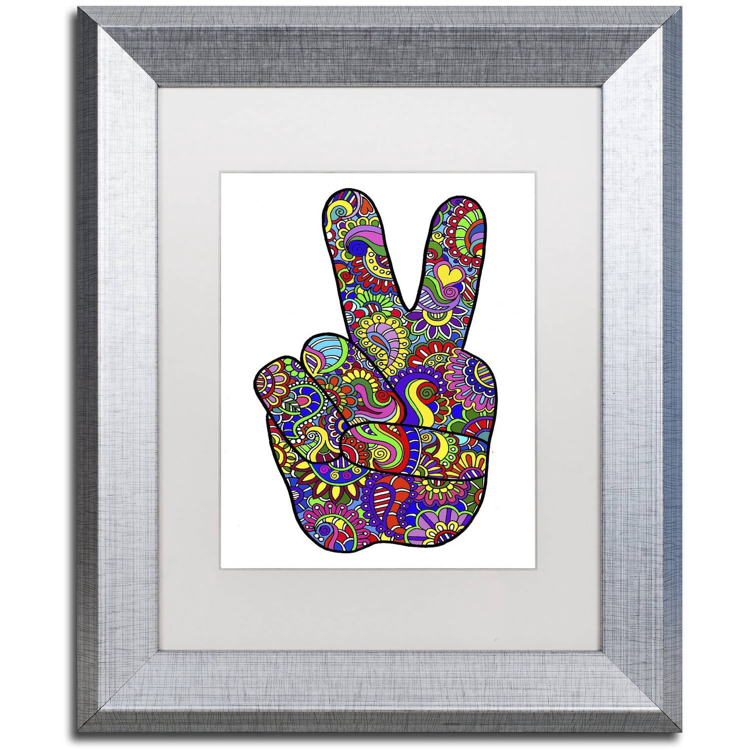 Trademark Fine Art "Psychedelic Mehndi Peace Sign" Canvas Art by Kathy G. Ahrens, White Matte, Silver Frame