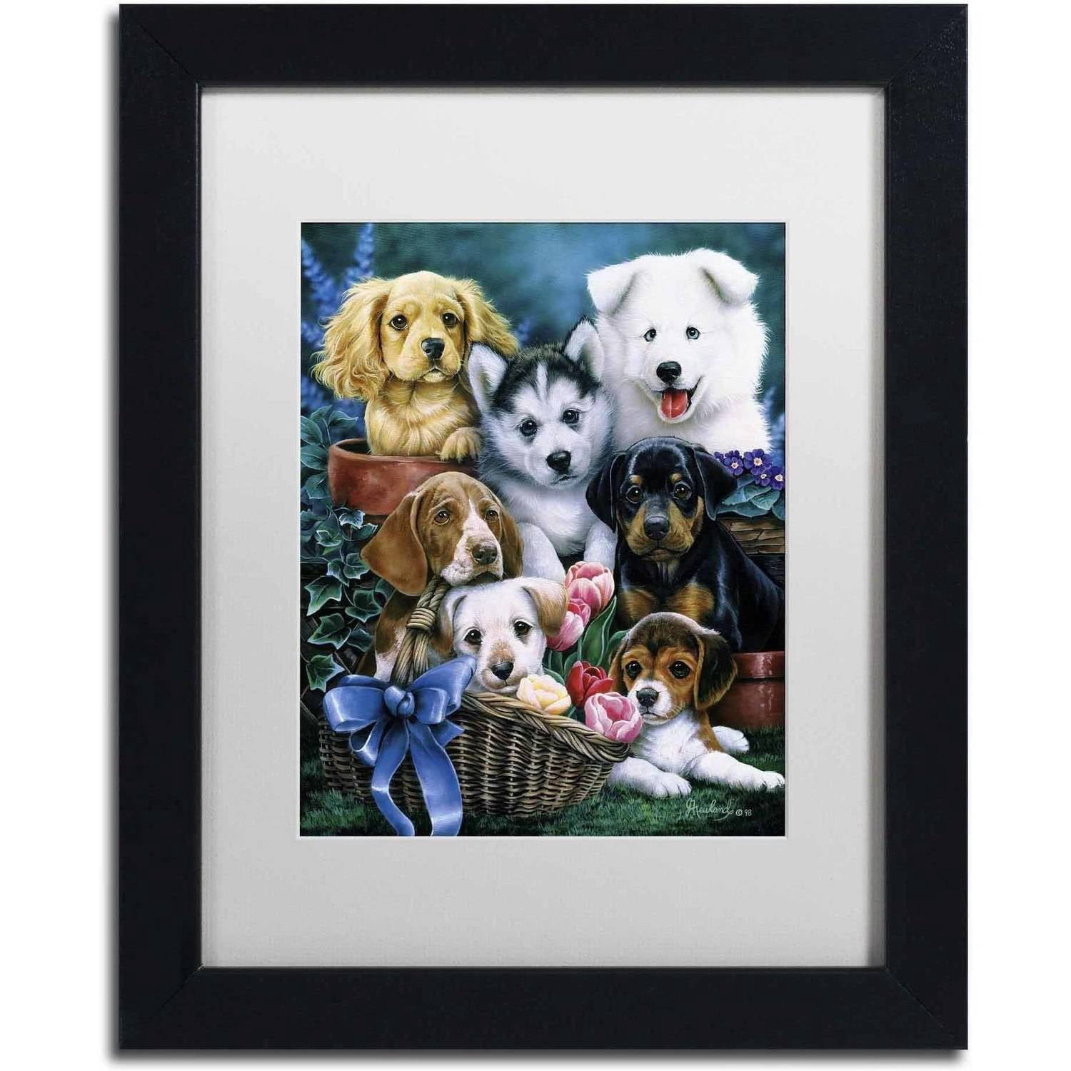 Trademark Fine Art 'Puppies' Canvas Art by Jenny Newland, White Matte, Black Frame