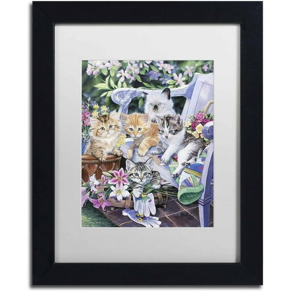 Trademark Fine Art 'Purfect Gardening Buddies' Canvas Art by Jenny Newland, White Matte, Black Frame