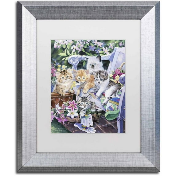Trademark Fine Art 'Purfect Gardening Buddies' Canvas Art by Jenny Newland, White Matte, Silver Frame