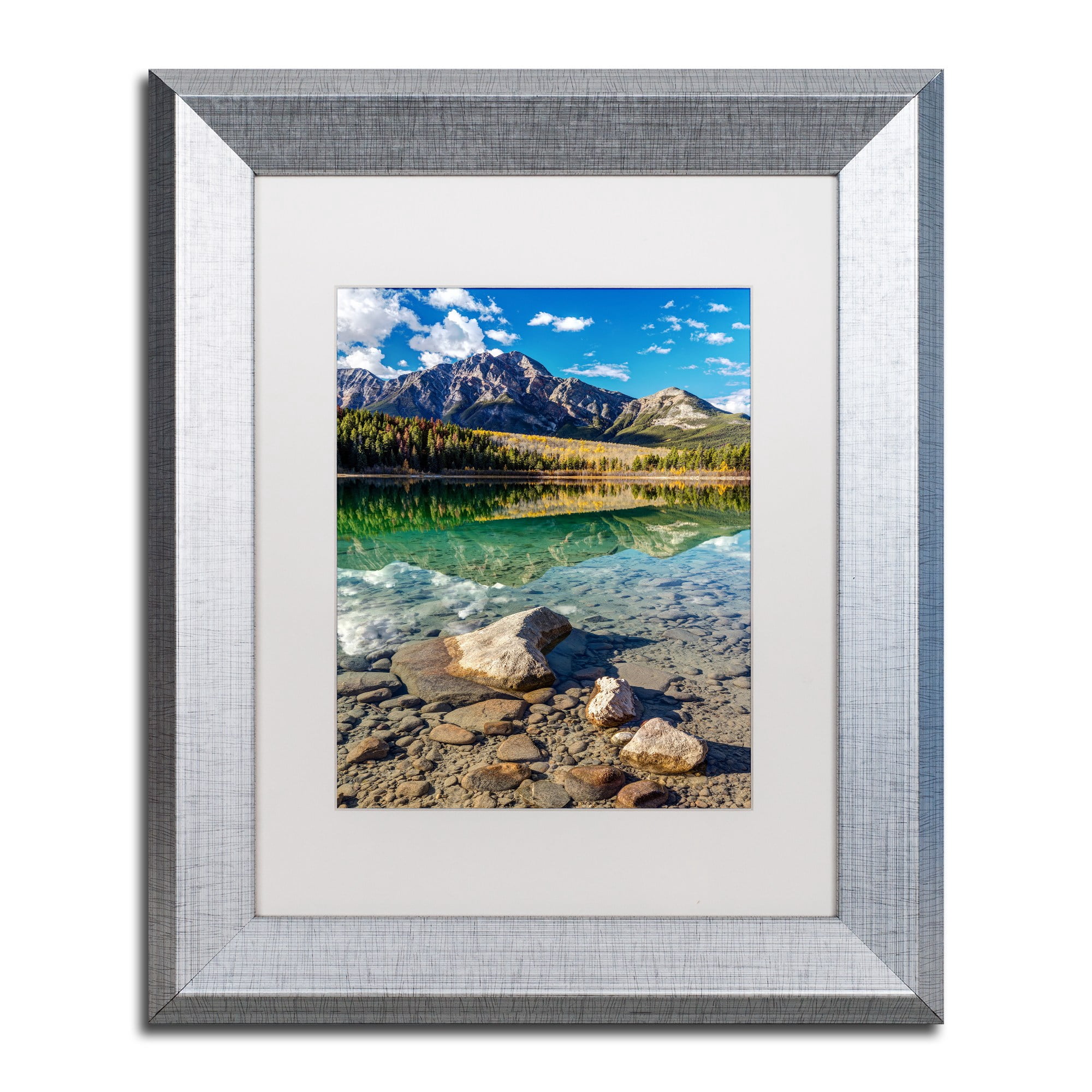 Trademark Fine Art 'Pyramid Mountain Reflection' Canvas Art by Pierre Leclerc, White Matte, Silver Frame