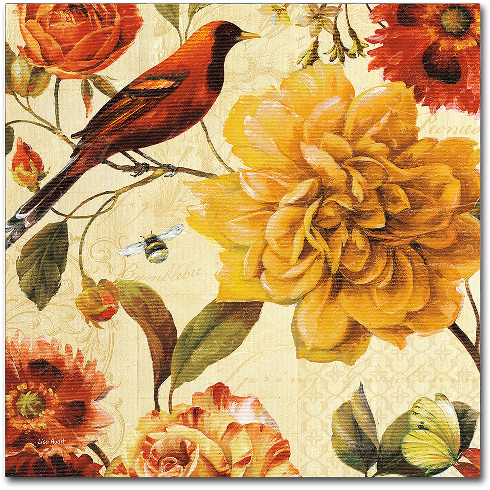 18" x 18" Framed Yellow and Red Floral Canvas Art